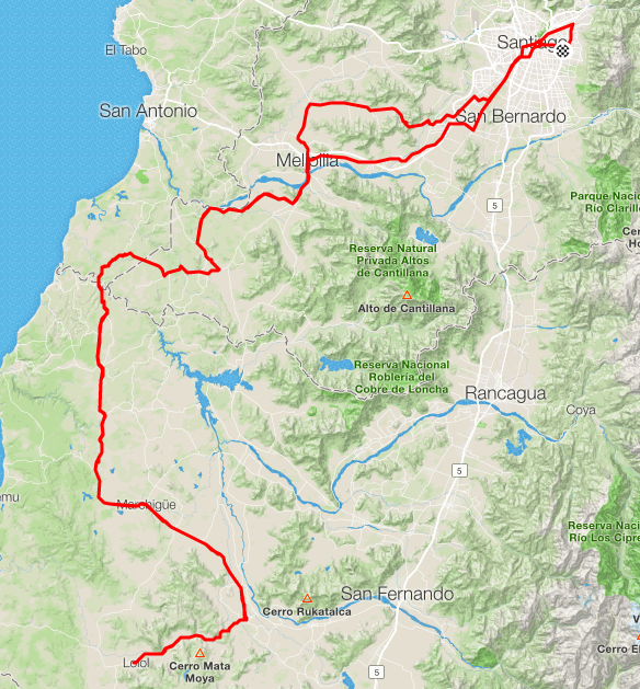 Mapa de la ruta Santiago - Lolol ida y vuelta